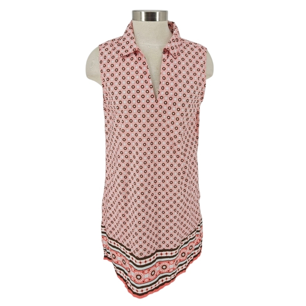 Lands End Poplin Shift Dress Pink Floral Sleeveless Collared V Neck Medium